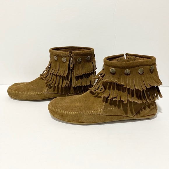 Minnetonka Double Fringe Suede Moccasin Booties - Picture 6 of 12